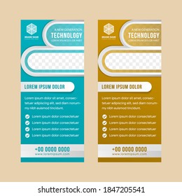 Roll up business brochure flyer banner design vertical template vector, product presentation with abstract geometric style, modern publication x-banner. curve photo space. blue and gold background