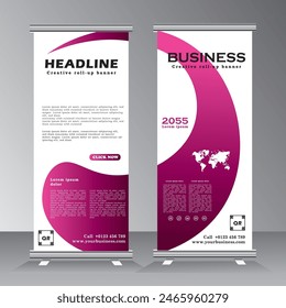 roll up business brochure flyer banner design vertical template vector, x-stand, flag-banner, advertisement template, with two combine banner set, purple colour,