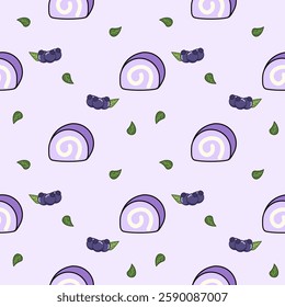 Roll cake cartoon so cute. On leaf blueberry purple background. Pattern seamless vector illustration. 