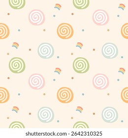 Roll cake cartoon zo schattig. Op de achtergrond van de regenboogpolka. Patroon naadloze vector illustratie. 