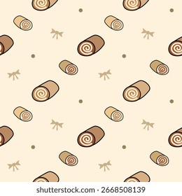 Roll cake cartoon so cute. On bow background. Pattern seamless vector illustration. 