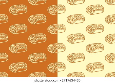 Rollo de pastel con el patrón sin fisuras del grabado de la cubierta derretida en el fondo beige bronceado fijado para la panadería y la repostería. Fondo de patrón de eclosión de pastel de rollo suizo. Fondo de pantalla cremoso del motivo del doodle de la torta del rollo de la esponja