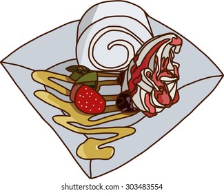 roll cake with vanilla cream on white dish