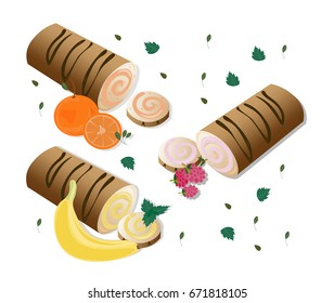 Roll cakes Vector with fruits. Sweets, dessert, Banan, berry, orange frosting