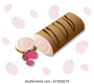 Roll cakes Vector with raspberry fruits. Sweets, dessert berry frosting delicious chocolate melt