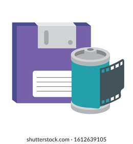 roll camera with floppy of nineties retro isolated icon vector illustration design