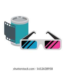 roll camera with glasses nineties retro isolated icon vector illustration design