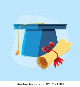 caricatura del certificado de matriculación y sombrero de graduación