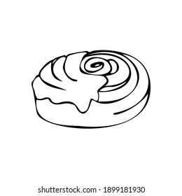 Roll Cinnabon cinnamon and sugar, homemade sweet traditional dessert buns with white cream sauce. Simple cartoon line art. Isolated vector illustration.