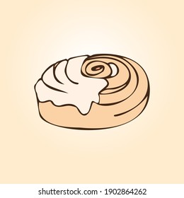 Roll Cinnabon cinnamon and sugar, homemade sweet traditional dessert buns with white cream sauce. Hand drawn Vector illustration. Design of wrapping paper, gift cards, decor.