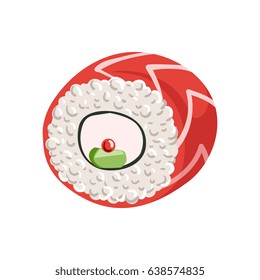 Roll with cream cheese and cucumber inside. Colorful cartoon illustration