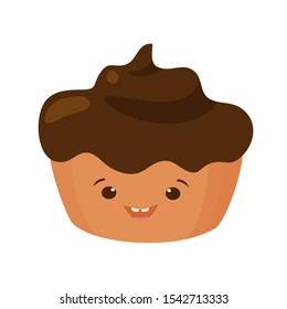 A roll, a cupcake, a cake poured with chocolate. Cute, funny character. Bakery smiling pastry. Vector illustration. Menu, banner, signboard, frame, emblem, advertisement, label,