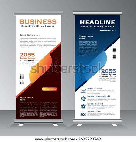 roll up design and vector template, orange and blue color standee design, vertical banner, x standee Banner Template. Presentation and Brochure Flyer. Vector illustration,