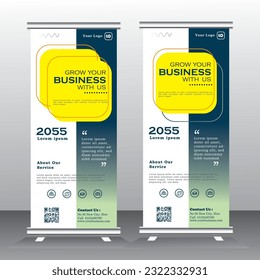 roll up design and vector template. yellow and blue color standee design, vertical banner,  x standee Banner Template. Presentation and Brochure Flyer. Vector illustration