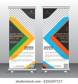 roll up design and vector template. yellow and blue color standee design, vertical banner,  x standee Banner Template. Presentation and Brochure Flyer. Vector illustratio