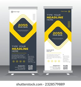 roll up design and vector template. yellow, white and black color standee design, vertical banner,  x standee Banner Template. Presentation and Brochure Flyer. Vector illustration, leaflet