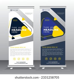 roll up design and vector template. yellow and blue color standee design, vertical banner,  x standee Banner Template. Presentation and Brochure Flyer. Vector illustratio