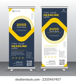 roll up design and vector template. yellow, white and black color standee design, vertical banner,  x standee Banner Template. Presentation and Brochure Flyer. Vector illustration, leaflet