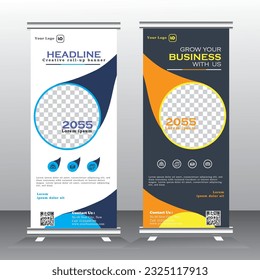 Roll Up design and vertical banner template. yellow, ash and blue color Standee Design. x standee Banner Template. Presentation and Brochure Flyer. Vector illustration