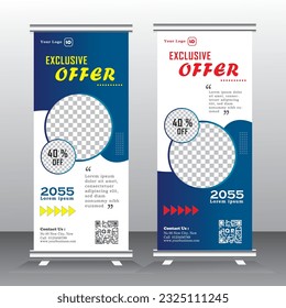 Roll Up design, Vertical banner, yellow and blue color Standee Design. x standee Banner Template. Presentation and Brochure Flyer. Vector illustration