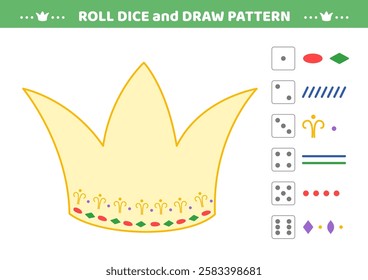 Roll dice and draw pattern. Crown. Drawing game. Draw pattern on crown. Activity for kids. Education for toddler. Isolated vector illustration eps 10