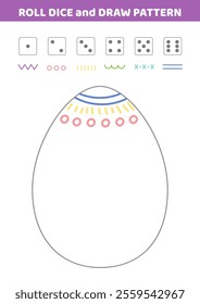 Roll dice and draw pattern. Easter drawing game. Draw pattern on Easter egg. Activity for kids. Education for toddler. Isolated vector illustration eps 10