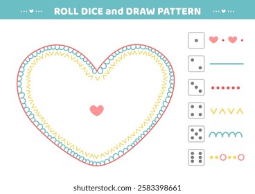 Roll dice and draw pattern. Heart. Drawing game. Draw pattern on heart. Activity for kids. Education for toddler. Isolated vector illustration eps 10