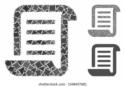 Roll document composition of joggly pieces in variable sizes and shades, based on roll document icon. Vector joggly pieces are organized into mosaic. Roll document icons collage with dotted pattern.