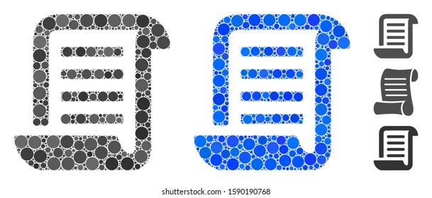 Roll document mosaic of filled circles in different sizes and color tinges, based on roll document icon. Vector filled circles are organized into blue collage.