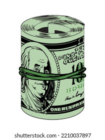 Roll of dollars. Money and cash, bunch of bills and banknotes. Sticker for social networks and messengers. Green currency. Symbol of economy, trading and business. Cartoon flat vector illustration