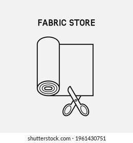 Roll of fabric cut with scissors. Fabric store icon