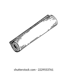 Roll fabric line art. Material for tailoring, fitting, cutting. Vintage sewing tool. Tailor profession. Hand drawn vector doodle illustration.
