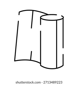 Roll of fabric, textile, or paper material standing vertically with a section unwinding and flowing to the left, rendered as a simple black line drawing icon