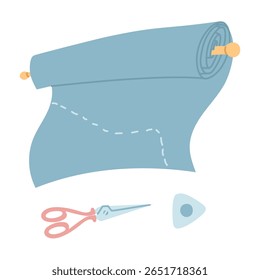 Rolo de tecido com marcas de aparagem, tesoura e um lápis. Uma ilustração plana e codificada por cores de itens para corte. Perfeito para costurar, artesanato ou projetos relacionados a têxteis. Artesanais, orientadas a processos