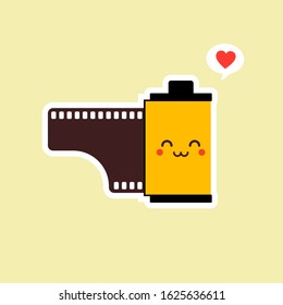 roll film flat design vector illustration. kawaii camera roll film emoji with funny expression, analog camera cartoon. analog photography icon, analogue photography mascot. vintage film