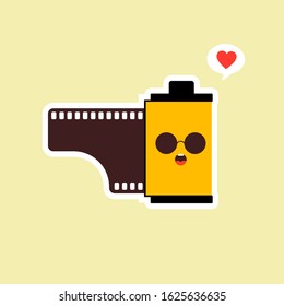 roll film flat design vector illustration. kawaii camera roll film emoji with funny expression, analog camera cartoon. analog photography icon, analogue photography mascot. vintage film