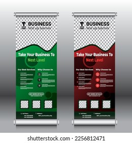 Roll Up Flyer Brochure Design Template, Vector Background Green and Red Colors