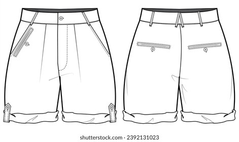 Roll Up Fold Hem Loose Fit Short  Front and Back View. Fashion Flat Sketch Vector Illustration, CAD, Technical Drawing, Flat Drawing, Template, Mockup