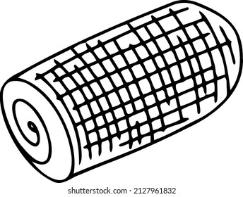 A roll of gauze. Black and white vector illustration drawn by hand. Isolated object on a white background. Clipart, template, sketch.