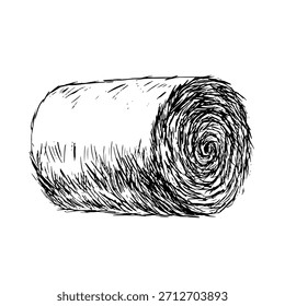 A roll of hay. Black and white vector illustration drawn by hand. Animal feed. For the design of farm projects, as well as packaging, labels, and more.