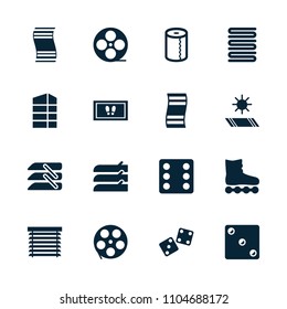 Roll icon. collection of 16 roll filled icons such as dice, towels, foot carpet, paper towel, movie tape, blinds, window shutter. editable roll icons for web and mobile.