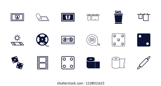 Roll icon. collection of 18 roll filled and outline icons such as dice, dice, film tape, foot carpet, cloth hanging, movie tape. editable roll icons for web and mobile.