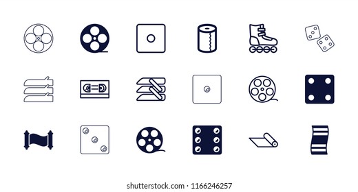 Roll icon. collection of 18 roll filled and outline icons such as dice, camera tape, movie tape, manuscript, fitness carpet, film tape. editable roll icons for web and mobile.