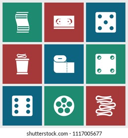 Roll icon. collection of 9 roll filled icons such as dice, film tape, towels, paper towel, camera tape. editable roll icons for web and mobile.