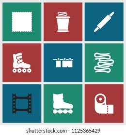 Roll icon. collection of 9 roll filled icons such as carpet, paper towel, dough pin, roller skate, towels, cloth hanging. editable roll icons for web and mobile.