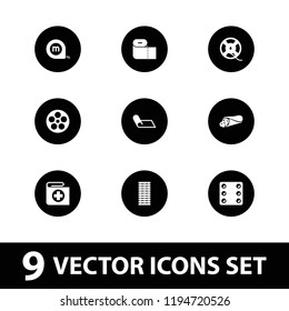 Roll Icon. Collection Of 9 Roll Filled Icons Such As Wrap Sandwich, Measure Tape, Dice, Paper Towel, Camera Tape, Carpet, Bandage. Editable Roll Icons For Web And Mobile.