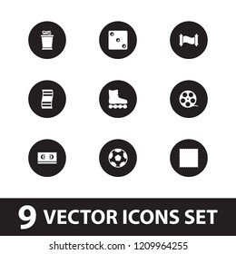 Roll icon. collection of 9 roll filled icons such as movie tape, camera tape, manuscript, roller skate, fitness carpet, dice, towels. editable roll icons for web and mobile.