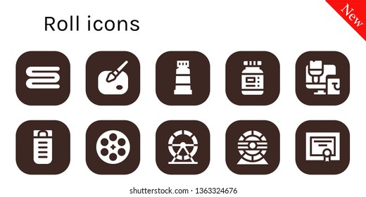 Roll Icon Set. 10 Filled Roll Icons.  Collection Of - Towel, Paint, Ink, Paint Roller, Sleeping Bag, Film Reel, Hamster Wheel, Diploma