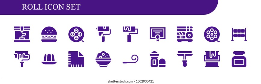  roll icon set. 18 filled roll icons.  Simple modern icons about  - Printing, Burger, Film reel, Paint roller, Roller, Diploma, Sushi, Film roll, Dice, Jelly, Napkin, Rice, Party blower