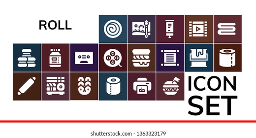 roll icon set. 19 filled roll icons.  Simple modern icons about  - Cinnamon roll, Macaron, Rolling pin, Sushi, Pretzel, Toilet paper, Print, Burger, Ink, Tape, Film reel, Scone